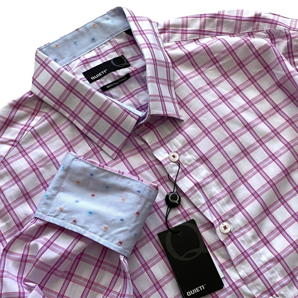 Quieti Nwt White w/ Pink Blue Check Flip Cuff Long Sleeve Shirt XL